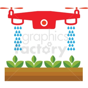 This clipart image displays a red drone with two propellers hovering above a row of green plant seedlings. The drone is depicted as equipped with a watering system, releasing droplets of water onto the plants, which are sprouting from a strip of brown soil.