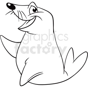 The image is a black and white line art drawing of a seal. The seal appears to be in a seated position with its head turned slightly, showcasing its facial features which include a prominent nose, whiskers, and a content expression.