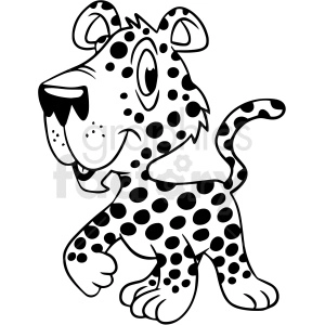 The image is a black and white line drawing of a baby leopard. The leopard is standing with one front paw slightly raised and is looking playful and friendly. It has characteristic spots all over its body, big eyes, and a smiling face.